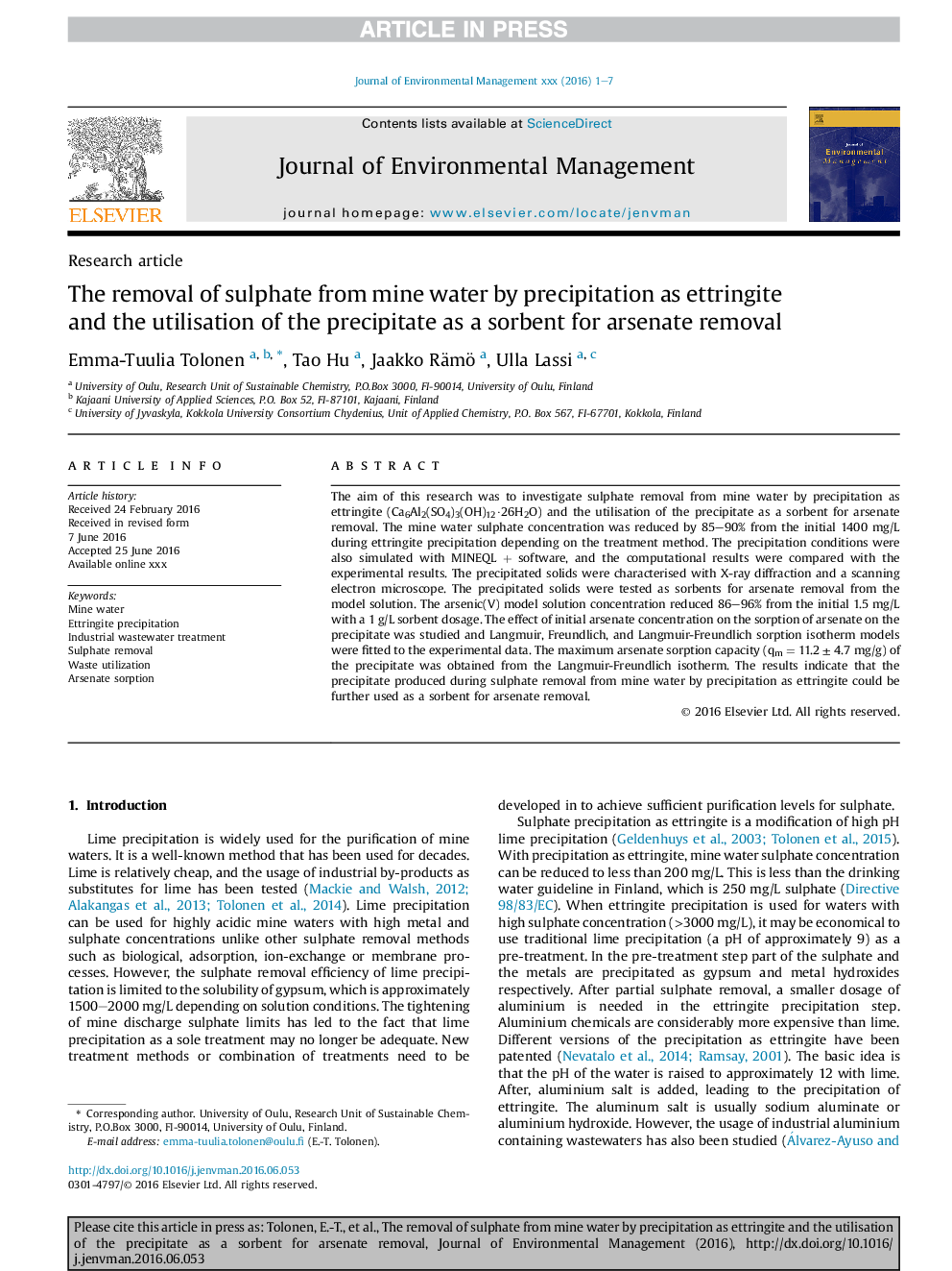 The removal of sulphate from mine water by precipitation as ettringite and the utilisation of the precipitate as a sorbent for arsenate removal