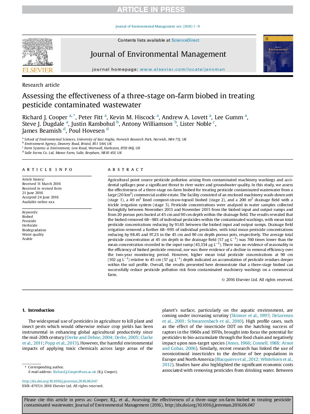 Assessing the effectiveness of a three-stage on-farm biobed in treating pesticide contaminated wastewater