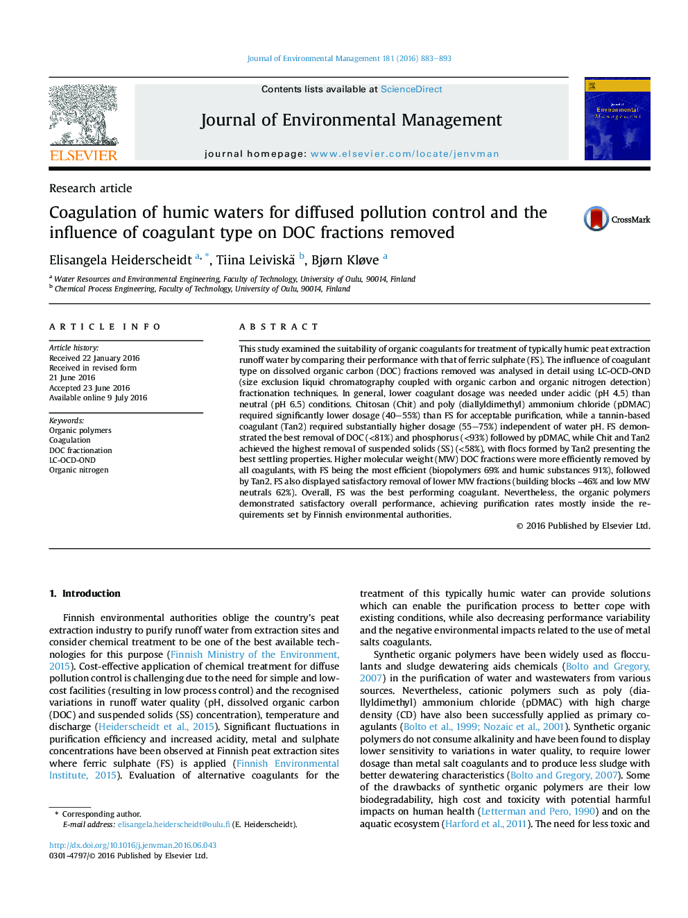 Coagulation of humic waters for diffused pollution control and the influence of coagulant type on DOC fractions removed