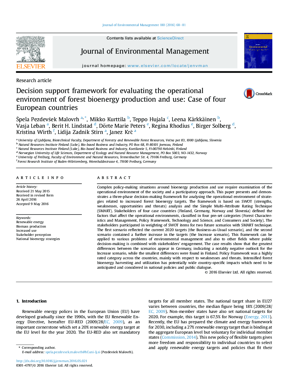 Decision support framework for evaluating the operational environment of forest bioenergy production and use: Case of four European countries