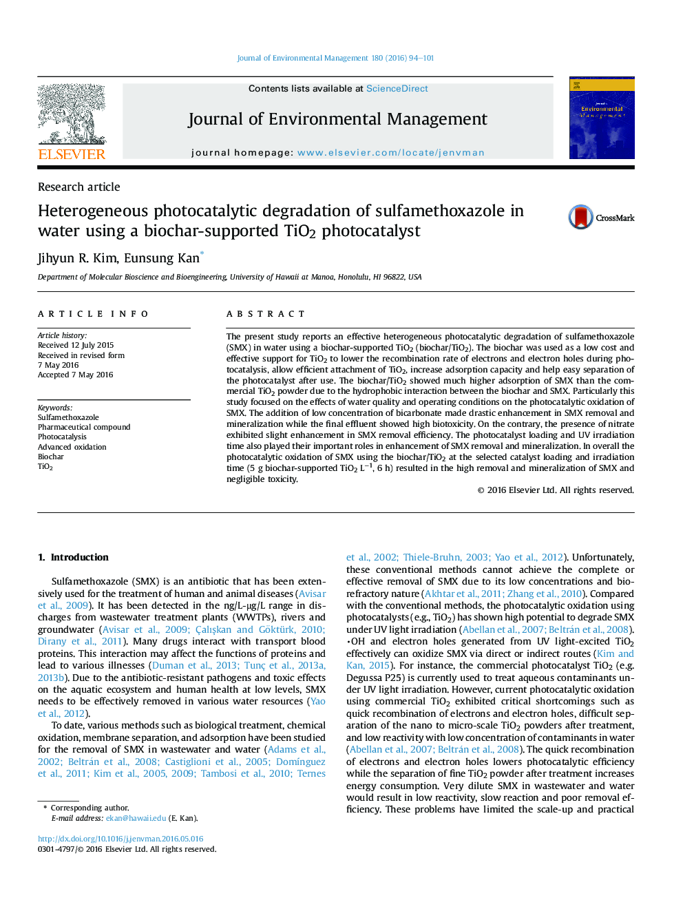 Heterogeneous photocatalytic degradation of sulfamethoxazole in water using a biochar-supported TiO2 photocatalyst