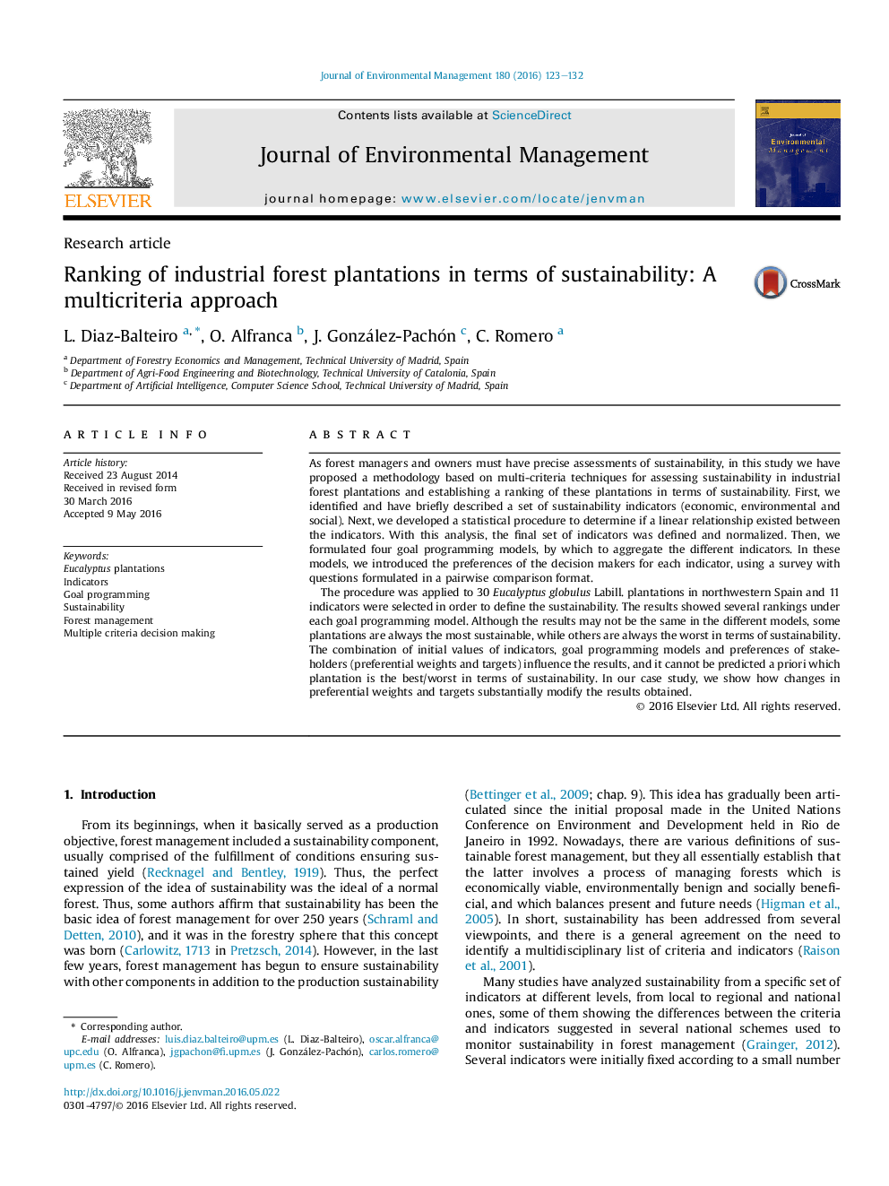 Ranking of industrial forest plantations in terms of sustainability: A multicriteria approach