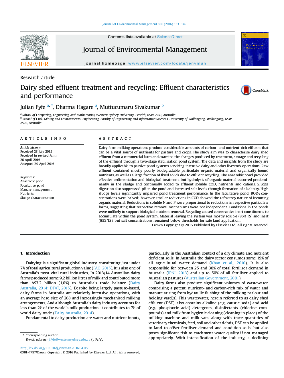 Dairy shed effluent treatment and recycling: Effluent characteristics and performance