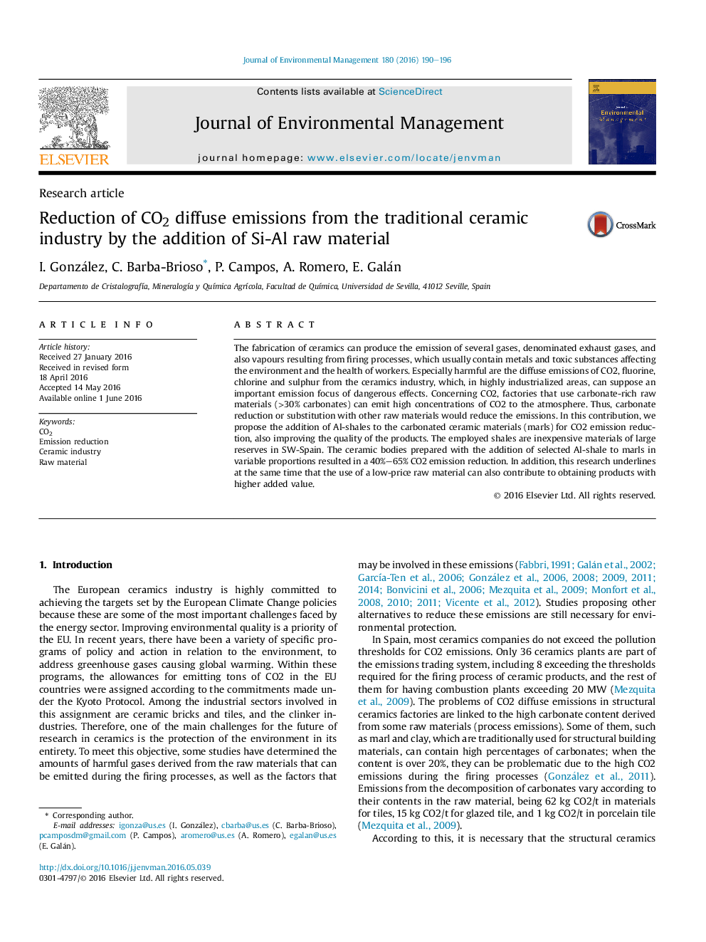 Reduction of CO2 diffuse emissions from the traditional ceramic industry by the addition of Si-Al raw material