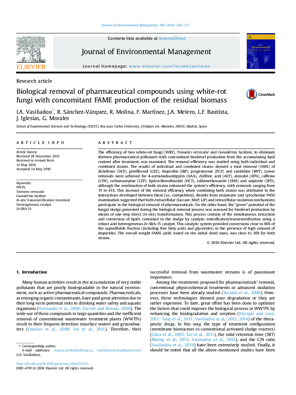 Biological removal of pharmaceutical compounds using white-rot fungi with concomitant FAME production of the residual biomass