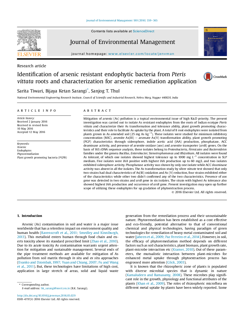 Identification of arsenic resistant endophytic bacteria from Pteris vittata roots and characterization for arsenic remediation application