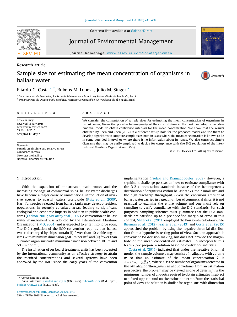 Sample size for estimating the mean concentration of organisms in ballast water