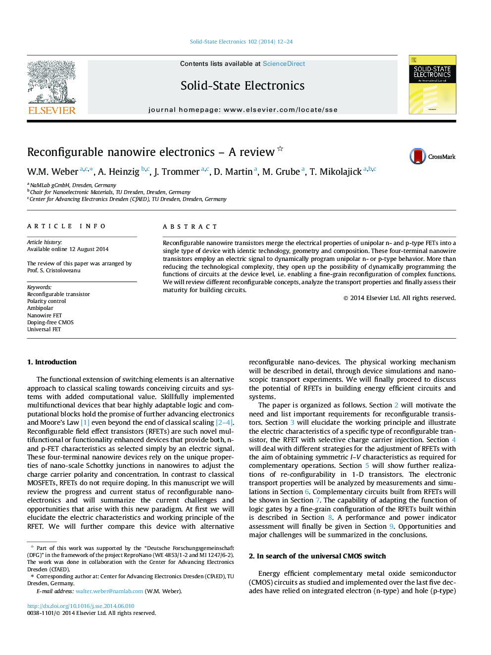 Reconfigurable nanowire electronics – A review 