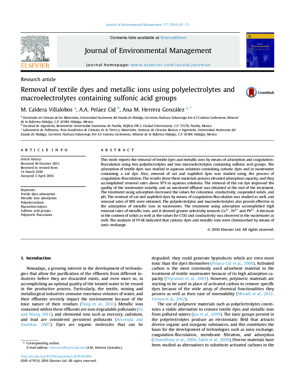 Removal of textile dyes and metallic ions using polyelectrolytes and macroelectrolytes containing sulfonic acid groups