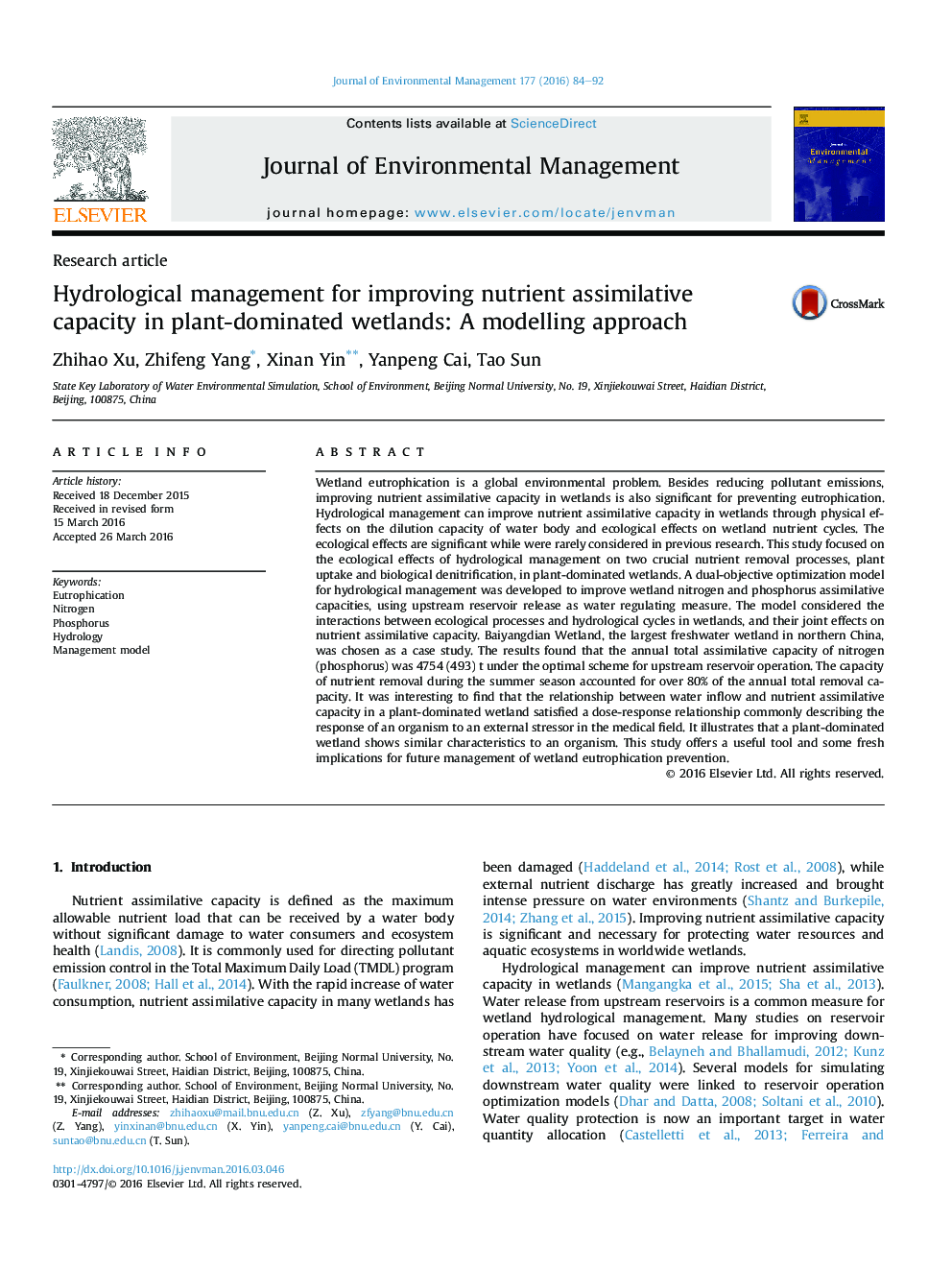 Hydrological management for improving nutrient assimilative capacity in plant-dominated wetlands: A modelling approach