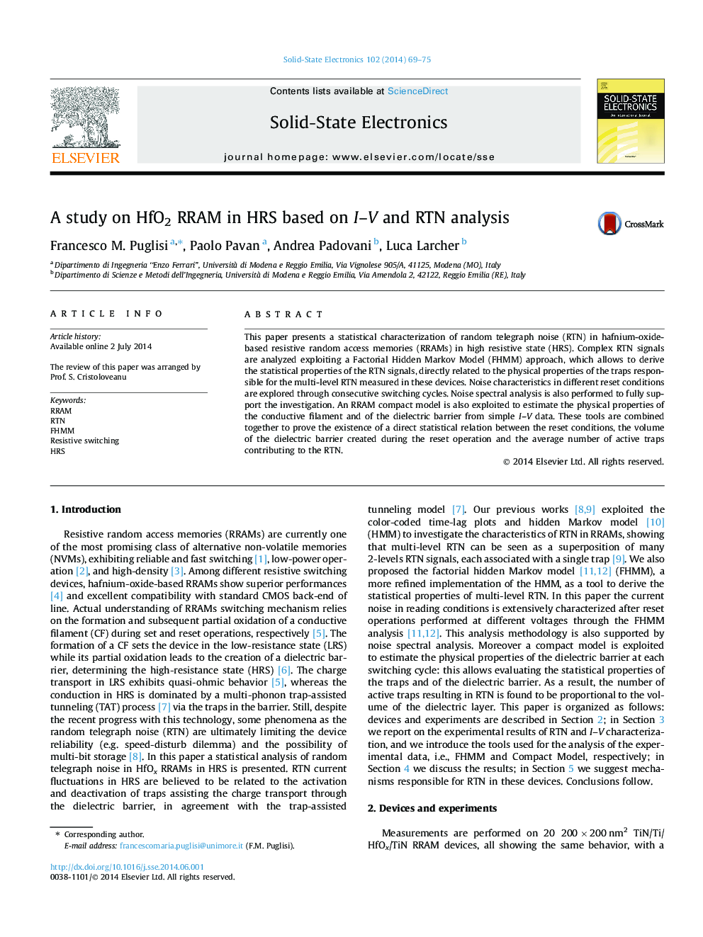 A study on HfO2 RRAM in HRS based on I–V and RTN analysis