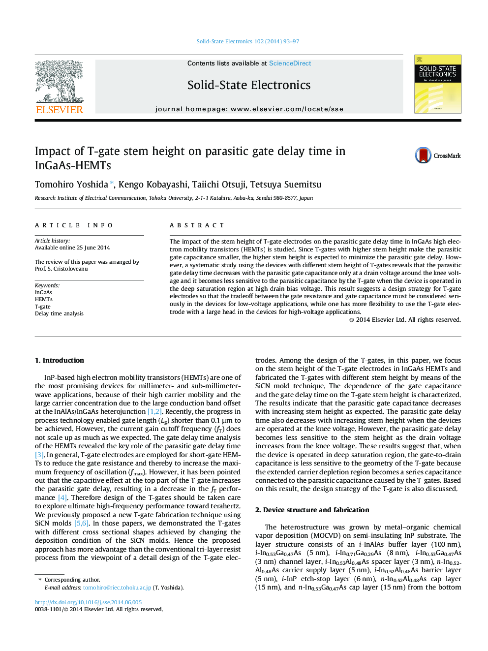 Impact of T-gate stem height on parasitic gate delay time in InGaAs-HEMTs