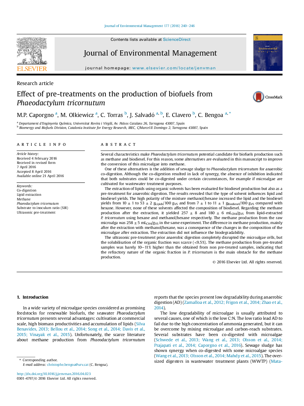 Effect of pre-treatments on the production of biofuels from Phaeodactylum tricornutum