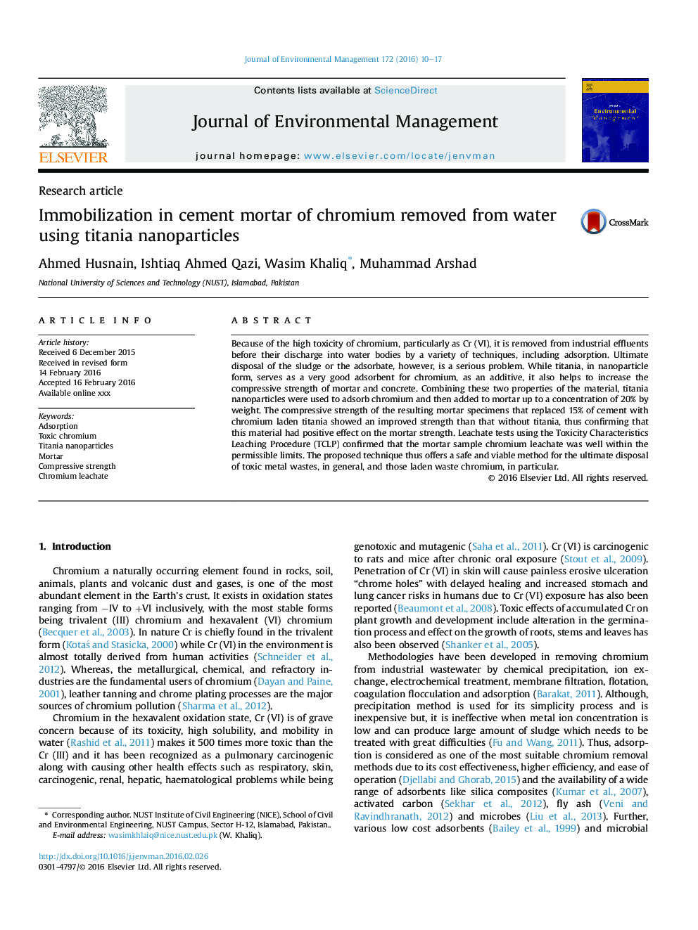 Immobilization in cement mortar of chromium removed from water using titania nanoparticles