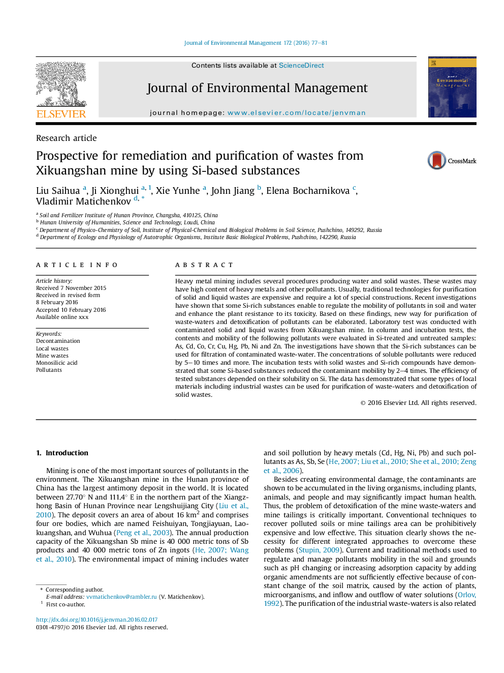 Prospective for remediation and purification of wastes from Xikuangshan mine by using Si-based substances