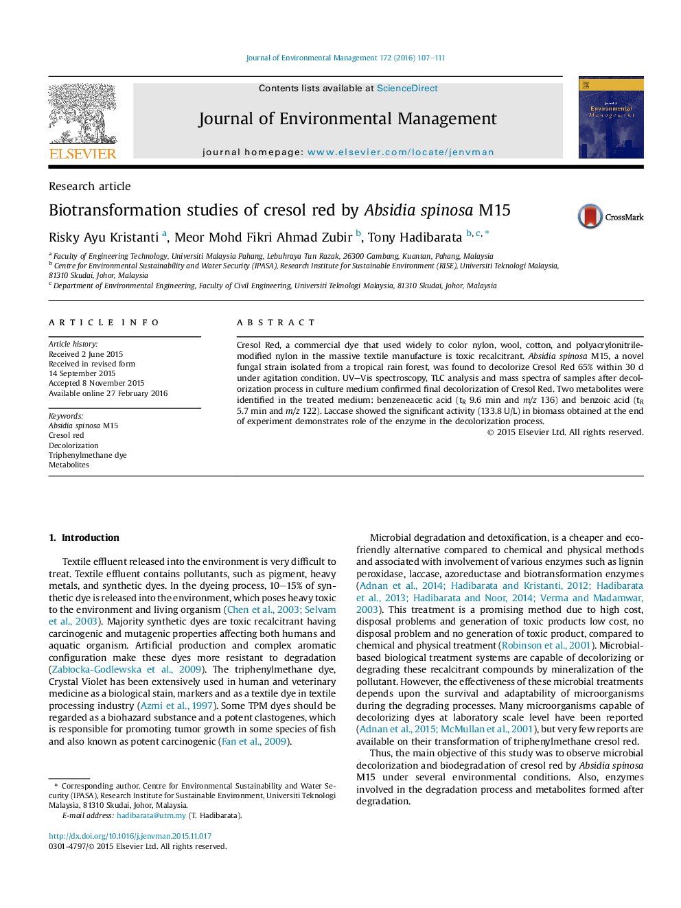 Biotransformation studies of cresol red by Absidia spinosa M15