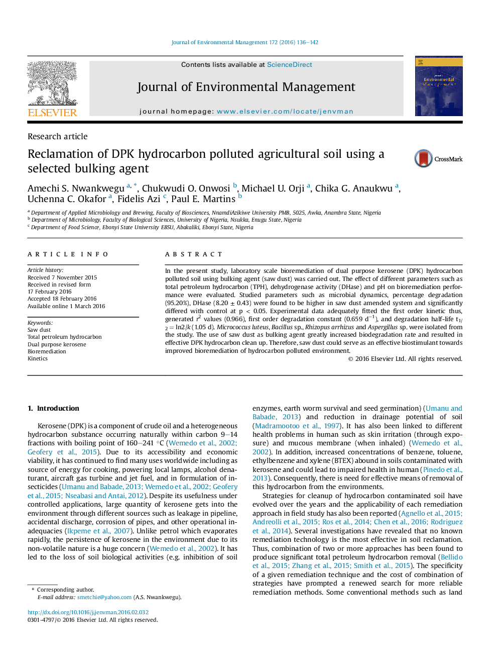 Reclamation of DPK hydrocarbon polluted agricultural soil using a selected bulking agent