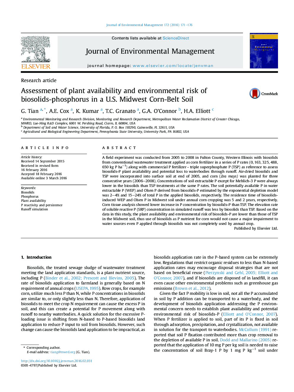 Assessment of plant availability and environmental risk of biosolids-phosphorus in a U.S. Midwest Corn-Belt Soil