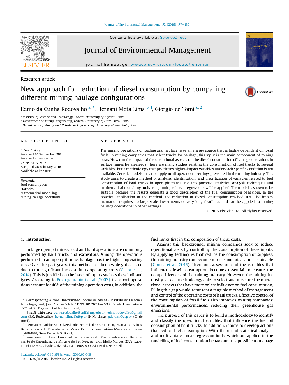 New approach for reduction of diesel consumption by comparing different mining haulage configurations