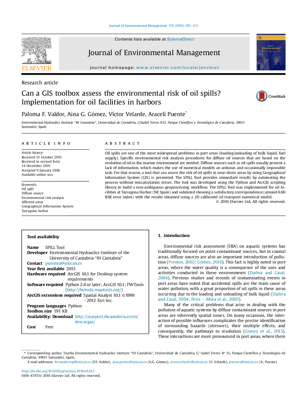 Can a GIS toolbox assess the environmental risk of oil spills? Implementation for oil facilities in harbors