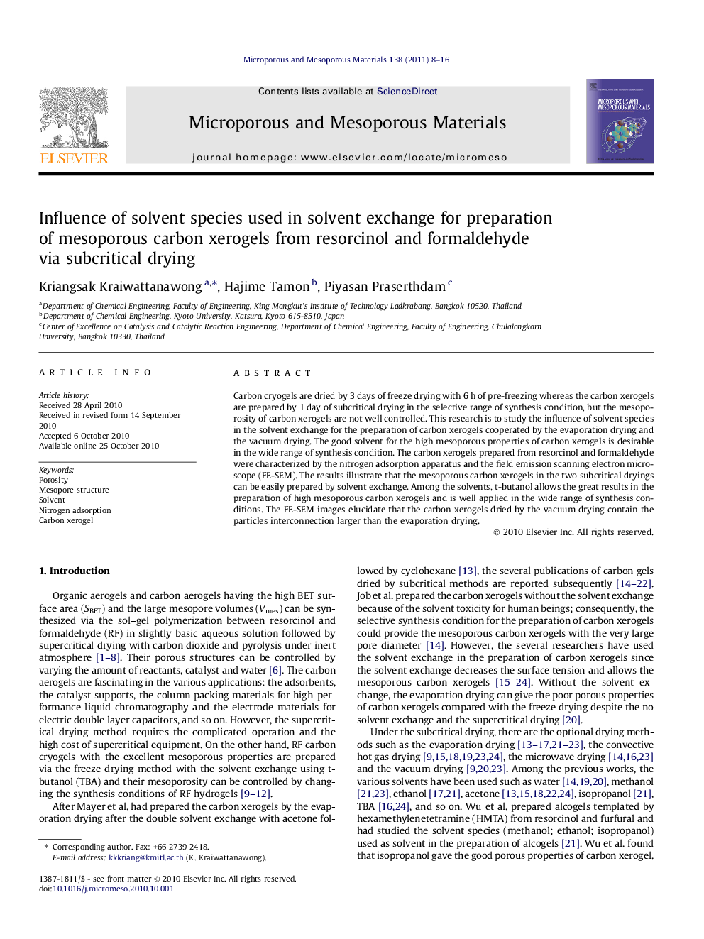 Influence of solvent species used in solvent exchange for preparation of mesoporous carbon xerogels from resorcinol and formaldehyde via subcritical drying