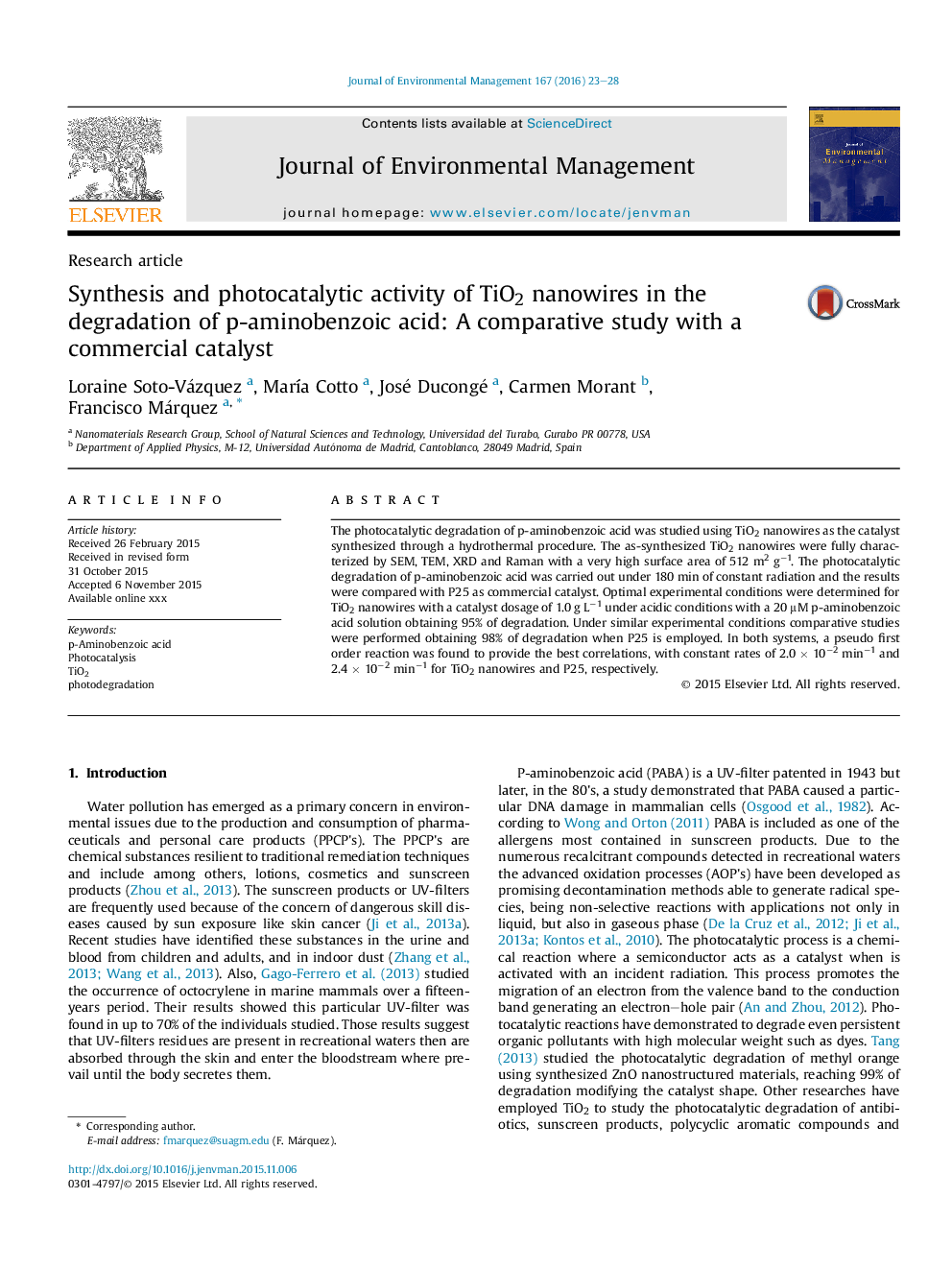 Synthesis and photocatalytic activity of TiO2 nanowires in the degradation of p-aminobenzoic acid: A comparative study with a commercial catalyst