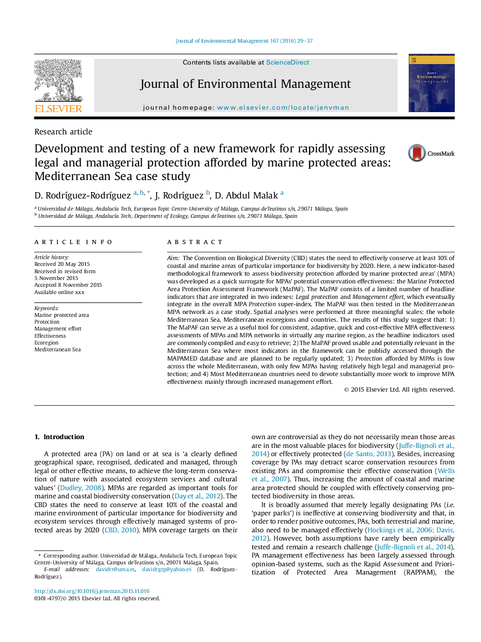 Development and testing of a new framework for rapidly assessing legal and managerial protection afforded by marine protected areas: Mediterranean Sea case study