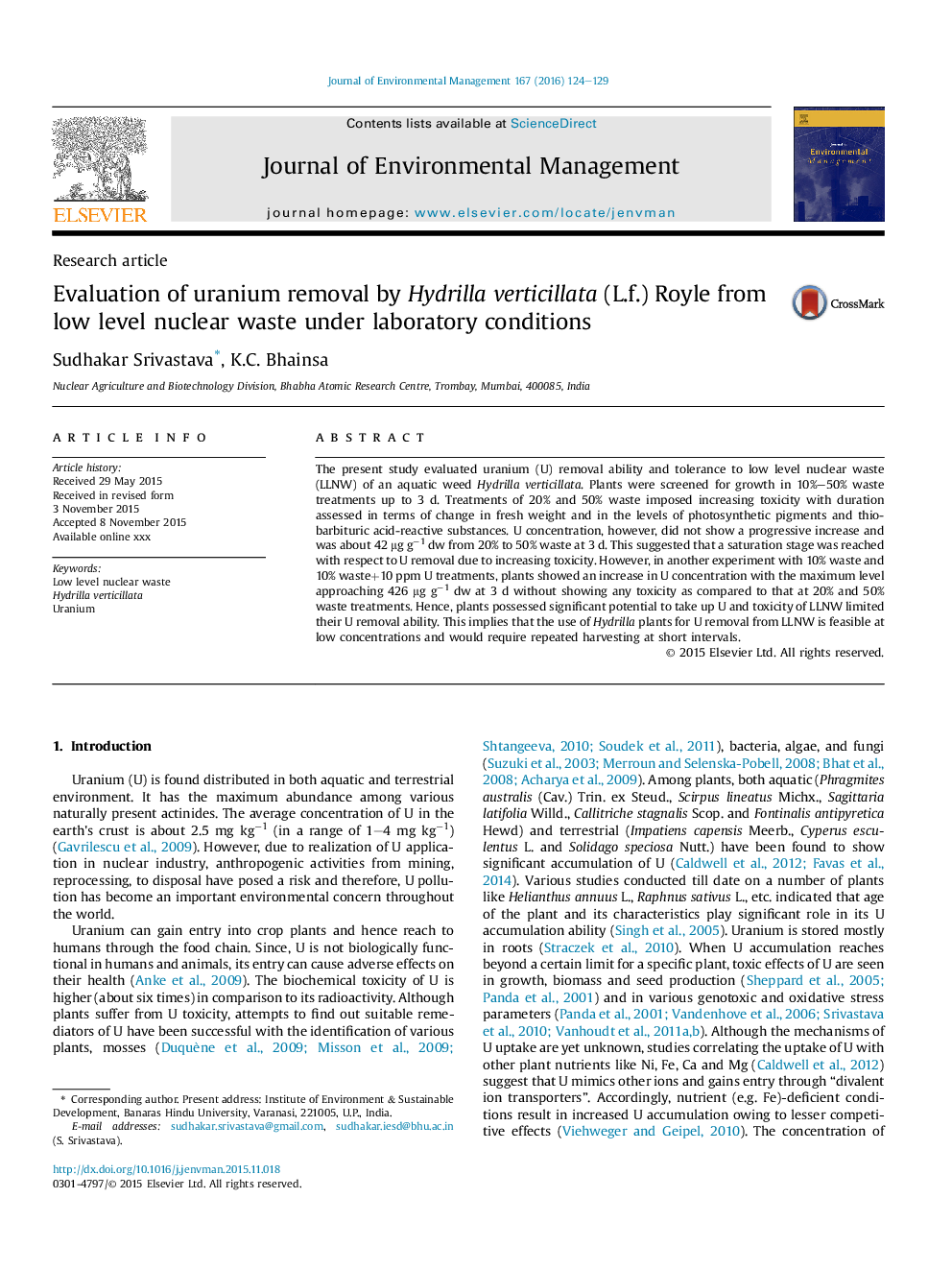 Evaluation of uranium removal by Hydrilla verticillata (L.f.) Royle from low level nuclear waste under laboratory conditions