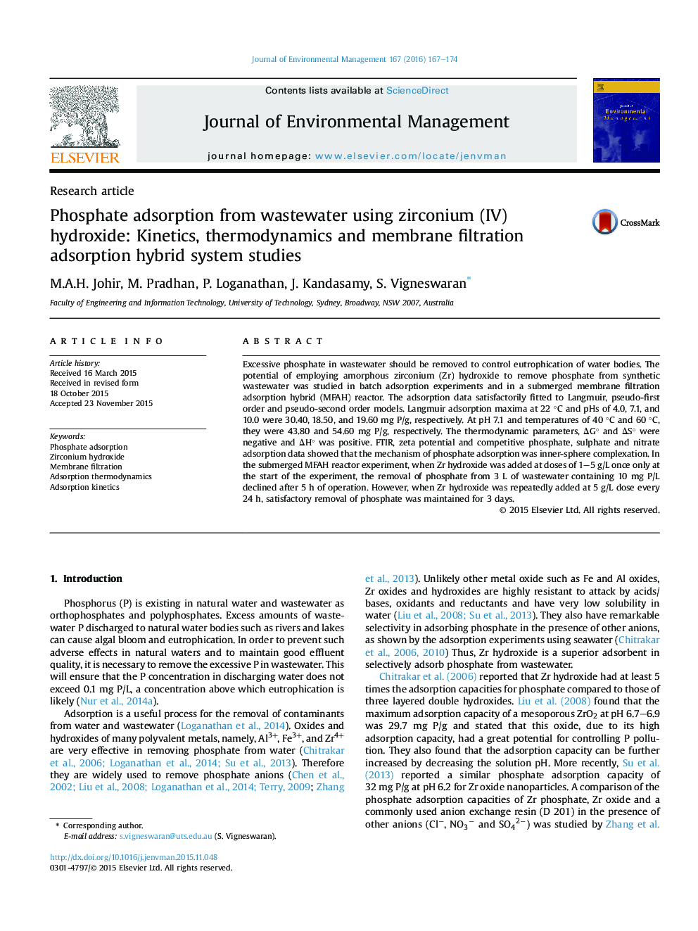 Phosphate adsorption from wastewater using zirconium (IV) hydroxide: Kinetics, thermodynamics and membrane filtration adsorption hybrid system studies