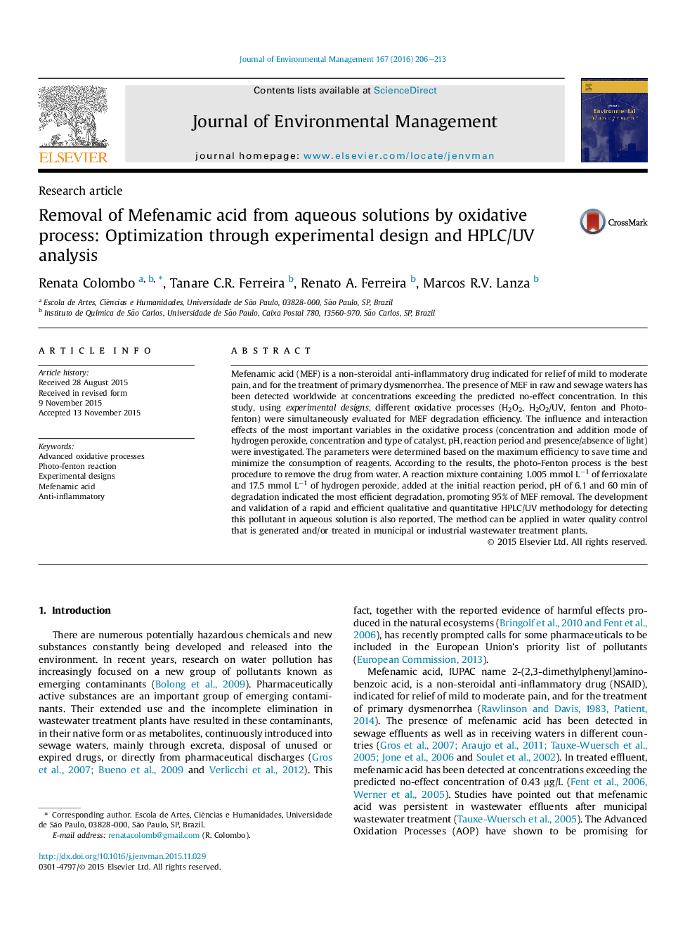 Removal of Mefenamic acid from aqueous solutions by oxidative process: Optimization through experimental design and HPLC/UV analysis