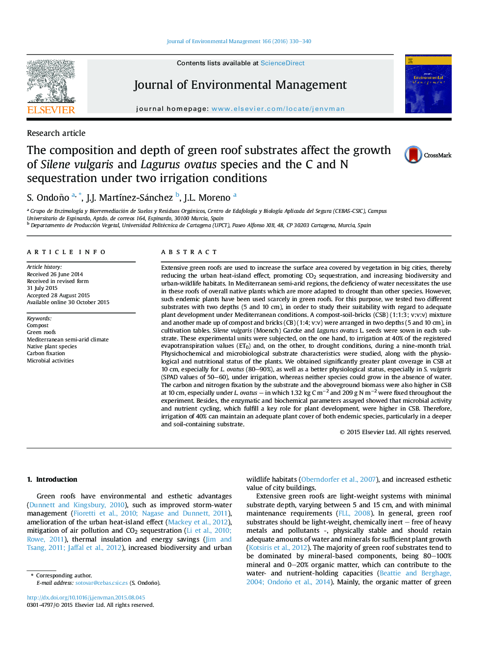 The composition and depth of green roof substrates affect the growth of Silene vulgaris and Lagurus ovatus species and the C and N sequestration under two irrigation conditions