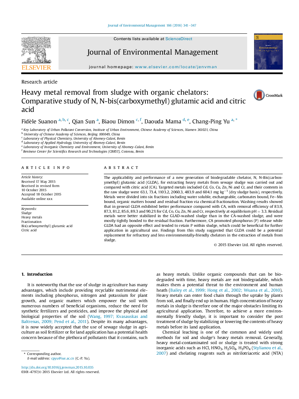 Heavy metal removal from sludge with organic chelators: Comparative study of N, N-bis(carboxymethyl) glutamic acid and citric acid