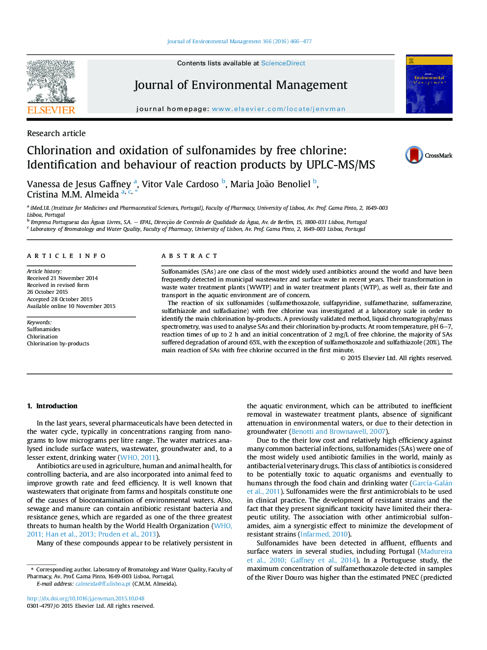 Chlorination and oxidation of sulfonamides by free chlorine: Identification and behaviour of reaction products by UPLC-MS/MS