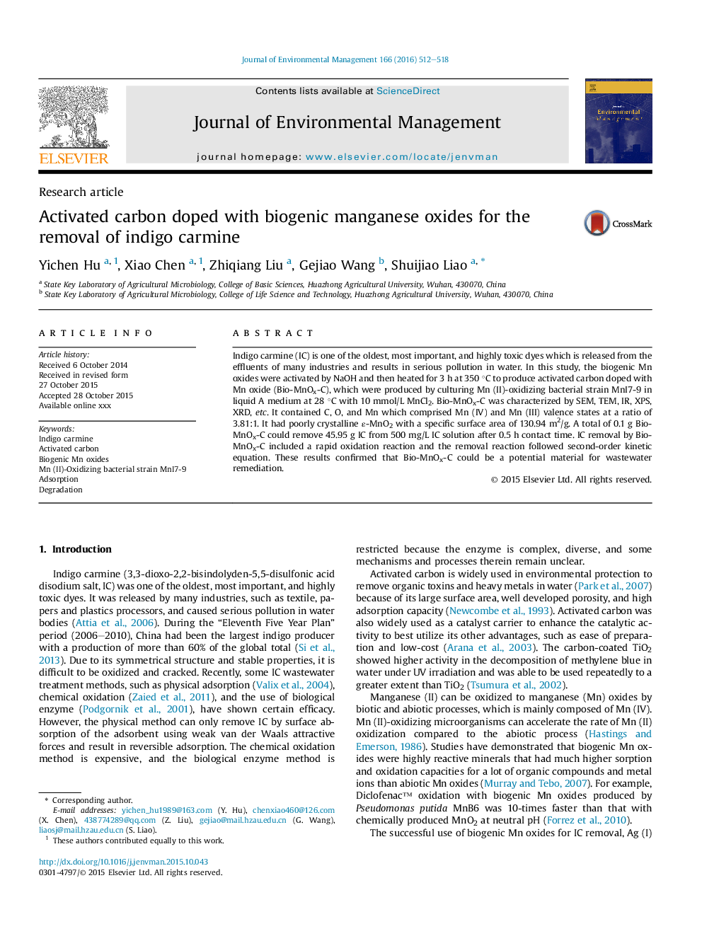 Activated carbon doped with biogenic manganese oxides for the removal of indigo carmine