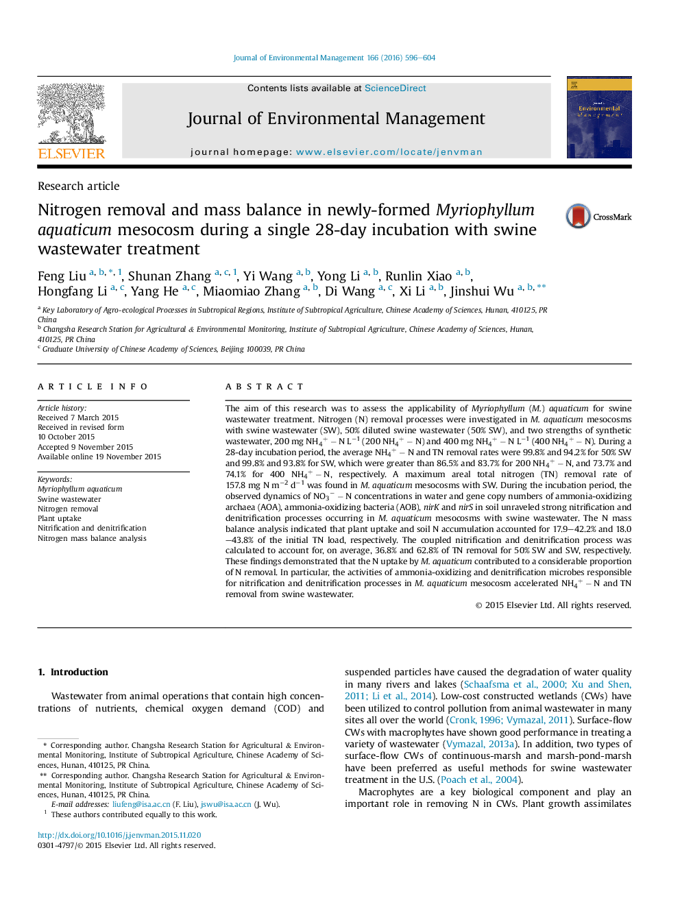 Nitrogen removal and mass balance in newly-formed Myriophyllum aquaticum mesocosm during a single 28-day incubation with swine wastewater treatment