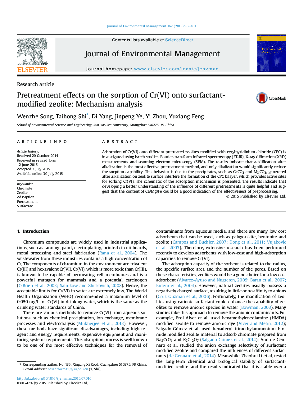 Pretreatment effects on the sorption of Cr(VI) onto surfactant-modified zeolite: Mechanism analysis