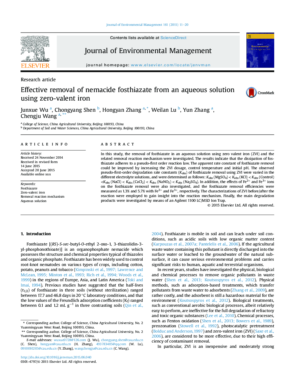 Effective removal of nemacide fosthiazate from an aqueous solution using zero-valent iron