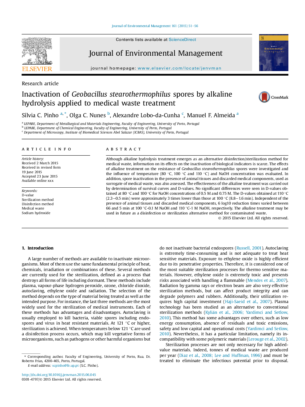 Inactivation of Geobacillus stearothermophilus spores by alkaline hydrolysis applied to medical waste treatment