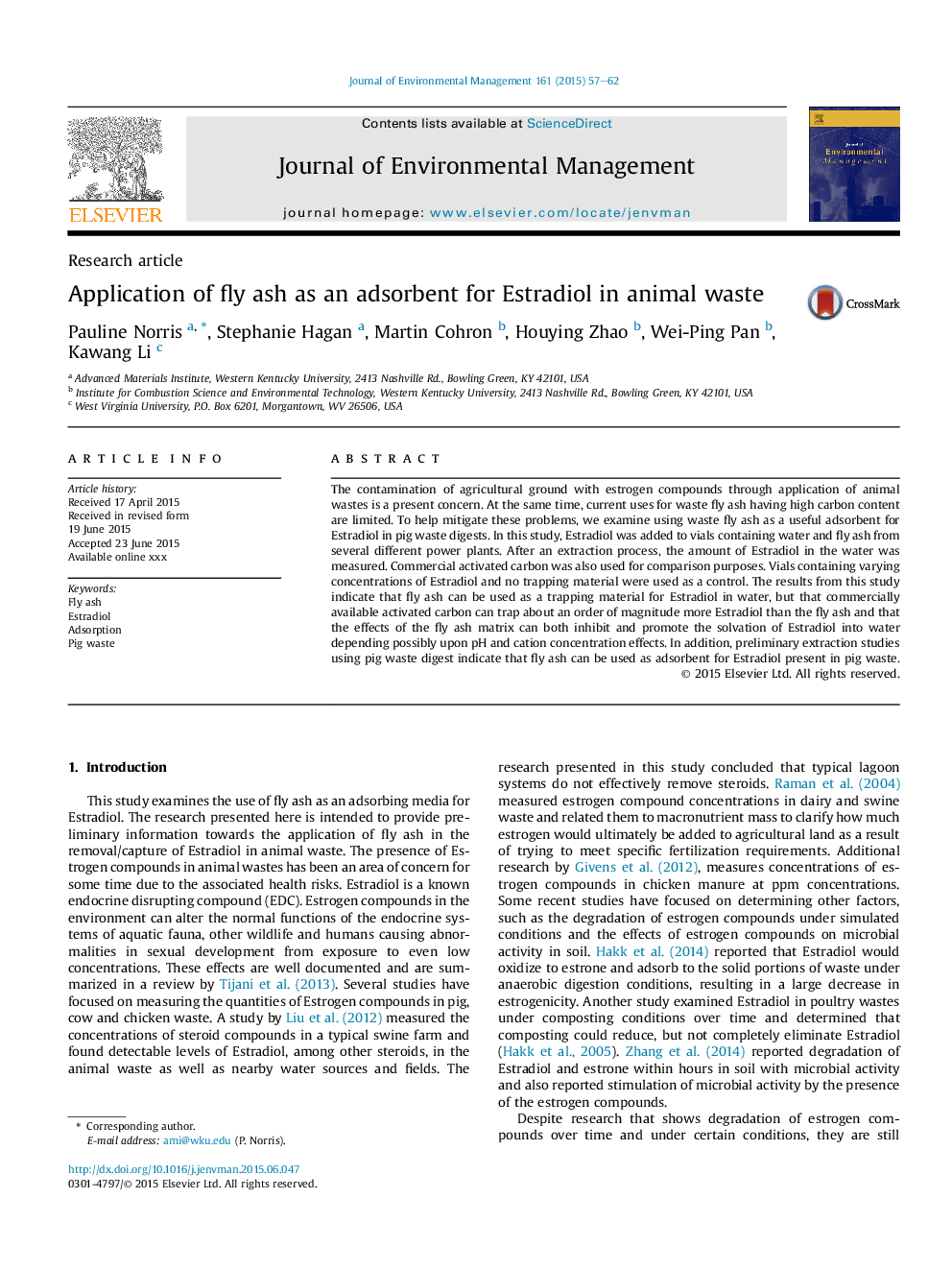 Application of fly ash as an adsorbent for Estradiol in animal waste