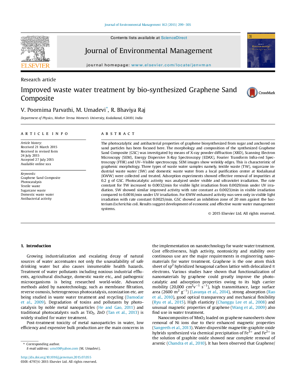 Improved waste water treatment by bio-synthesized Graphene Sand Composite