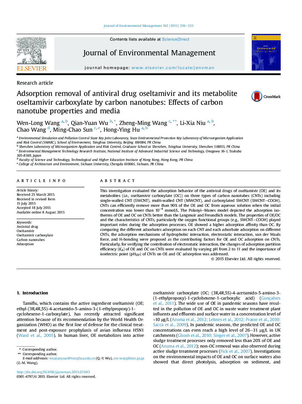 Adsorption removal of antiviral drug oseltamivir and its metabolite oseltamivir carboxylate by carbon nanotubes: Effects of carbon nanotube properties and media