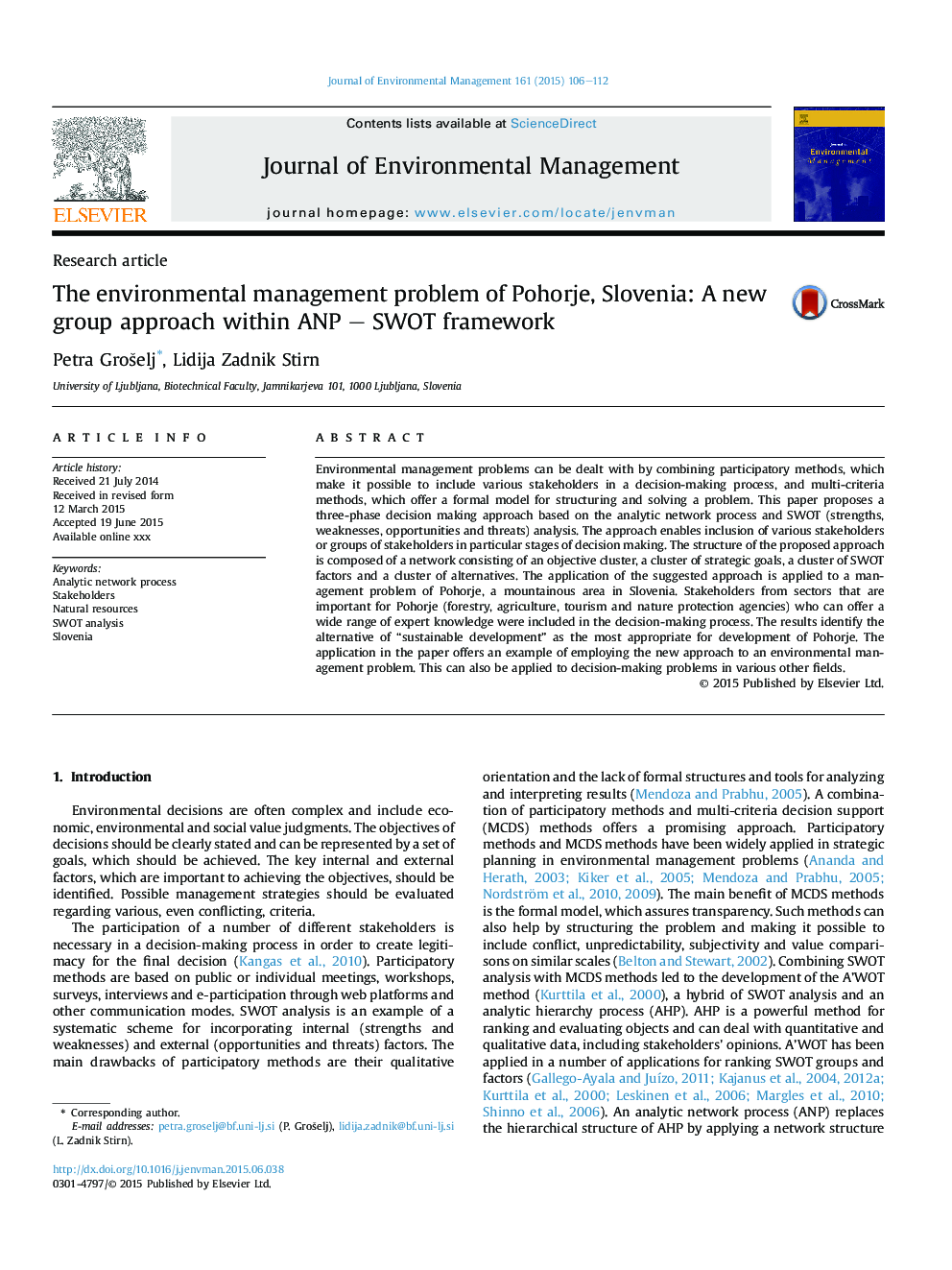 The environmental management problem of Pohorje, Slovenia: A new group approach within ANP - SWOT framework