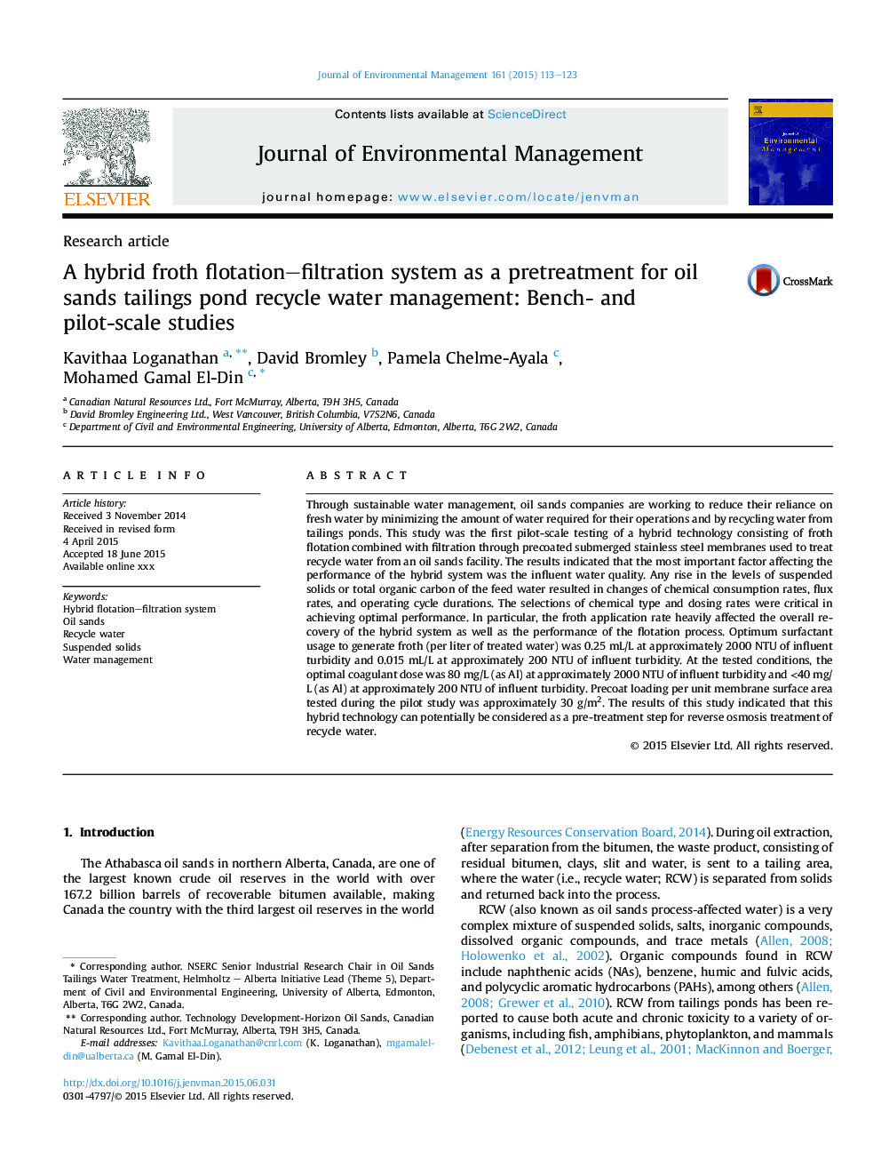 A hybrid froth flotation-filtration system as a pretreatment for oil sands tailings pond recycle water management: Bench- and pilot-scale studies