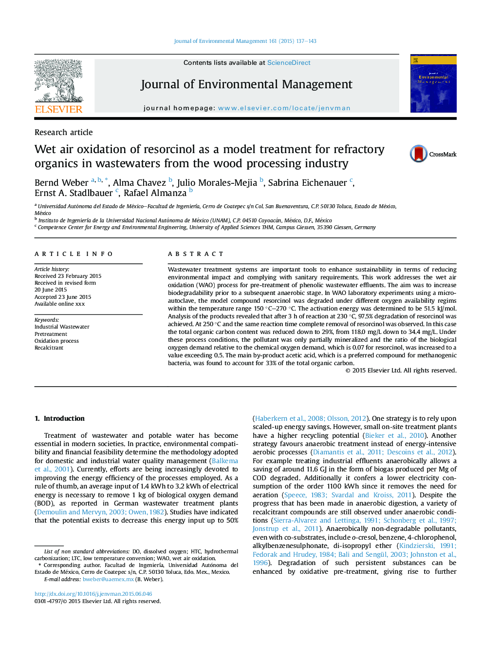 Wet air oxidation of resorcinol as a model treatment for refractory organics in wastewaters from the wood processing industry