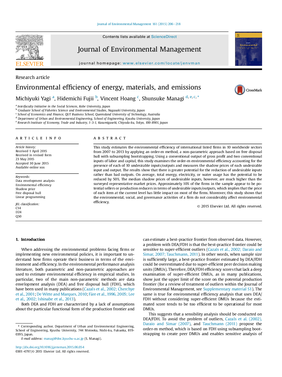 Environmental efficiency of energy, materials, and emissions