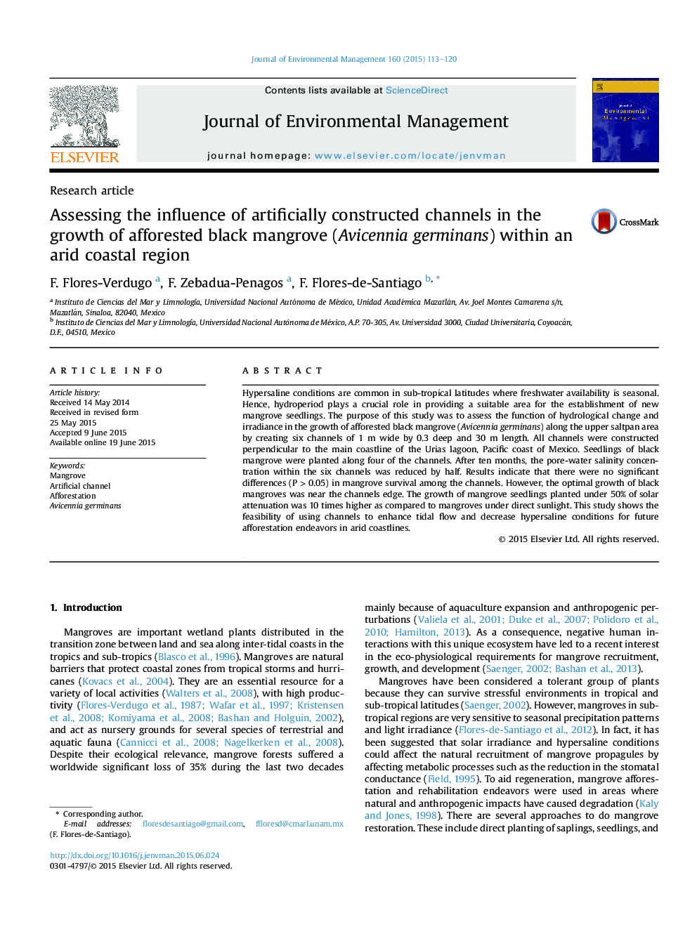 Assessing the influence of artificially constructed channels in the growth of afforested black mangrove (Avicennia germinans) within an arid coastal region