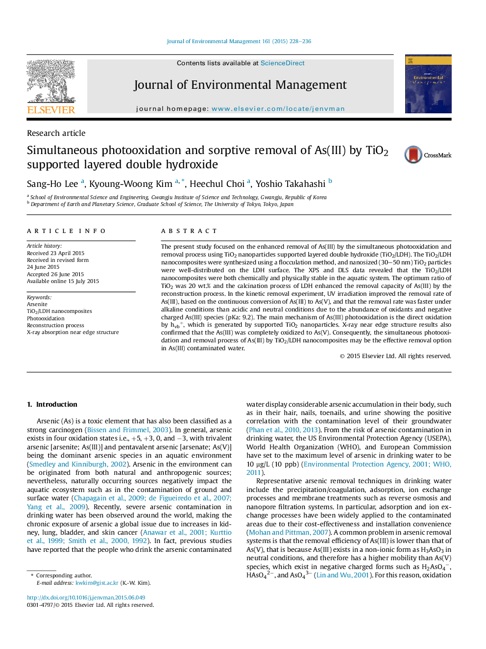 Simultaneous photooxidation and sorptive removal of As(III) by TiO2 supported layered double hydroxide