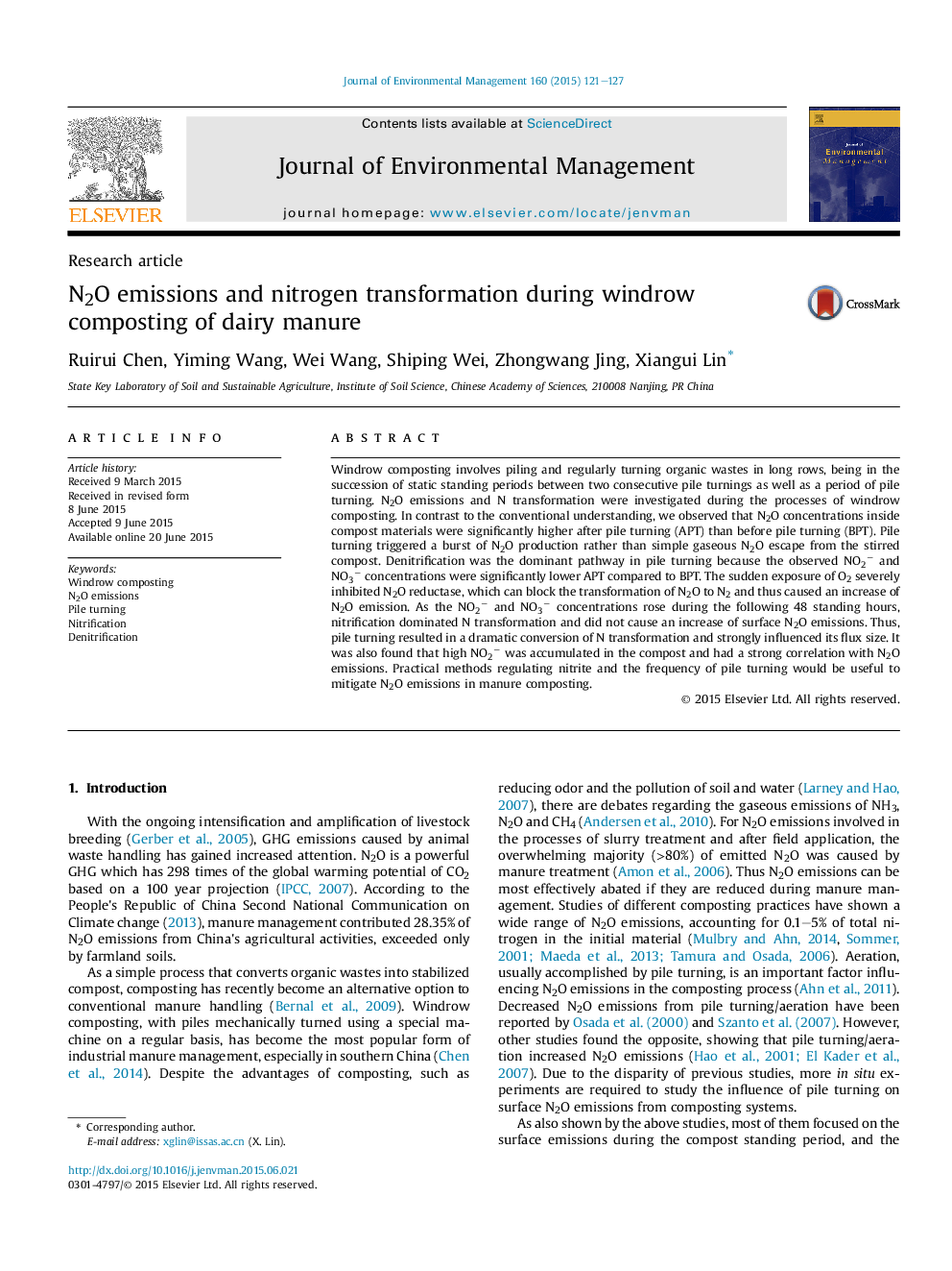 N2O emissions and nitrogen transformation during windrow composting of dairy manure