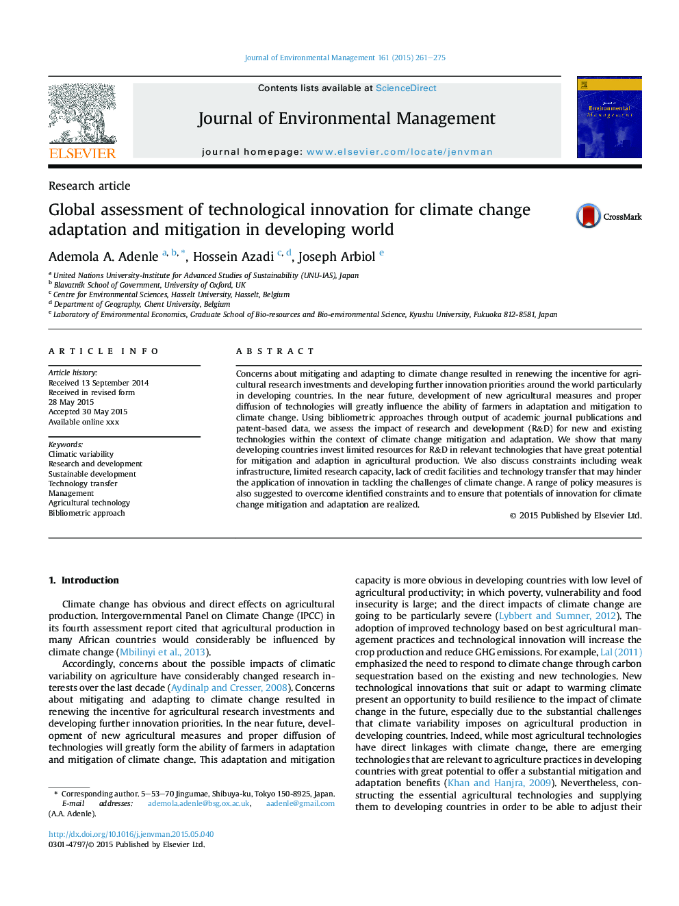 Global assessment of technological innovation for climate change adaptation and mitigation in developing world