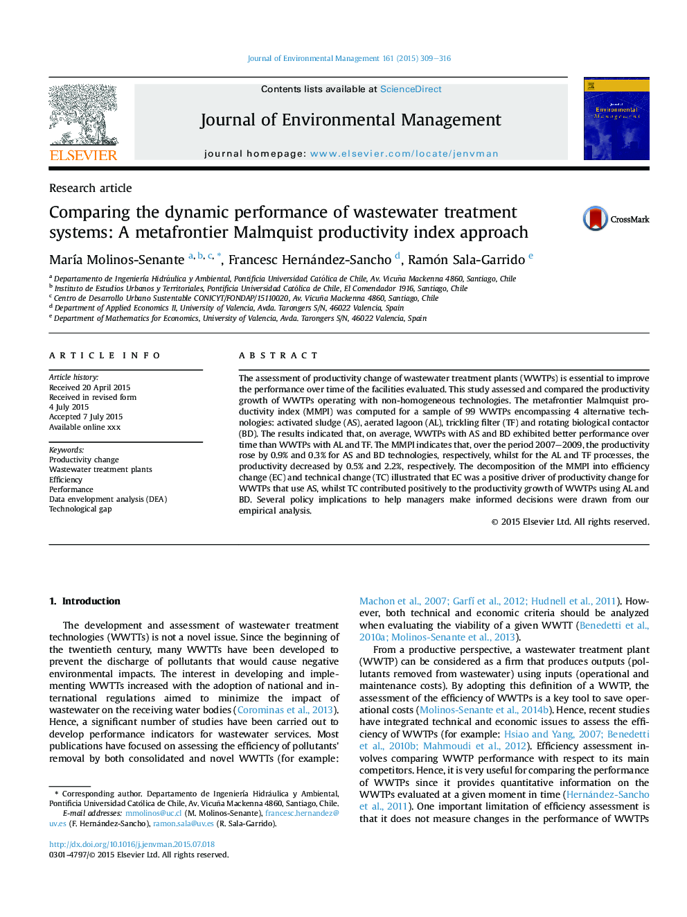 Comparing the dynamic performance of wastewater treatment systems: A metafrontier Malmquist productivity index approach